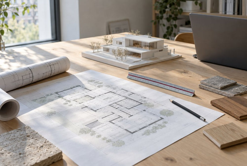 Mesa de estudio de arquitectura con planos y una maqueta