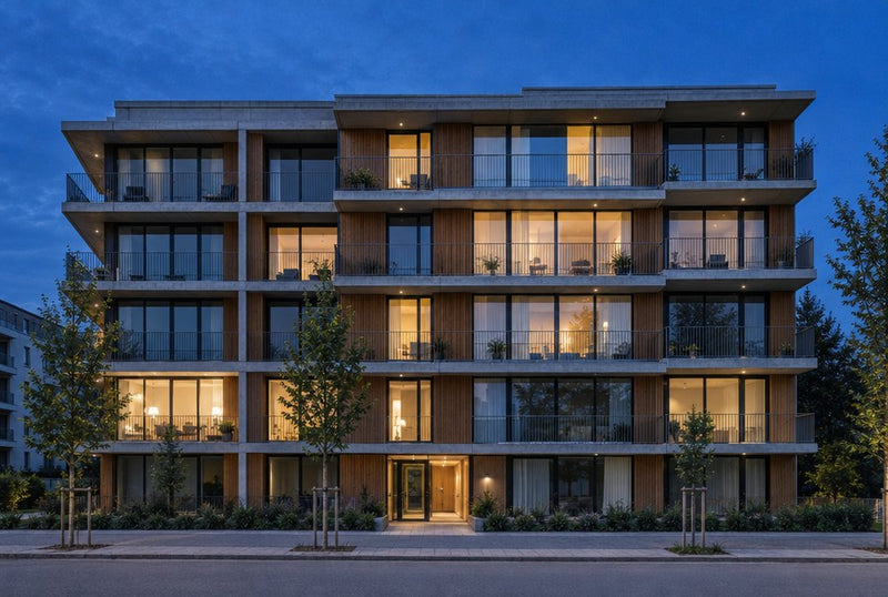 Edificio residencial moderno recien terminado al atardecer