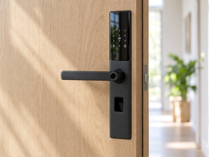 Cerradura inteligente MATIQ embutida en una puerta de roble