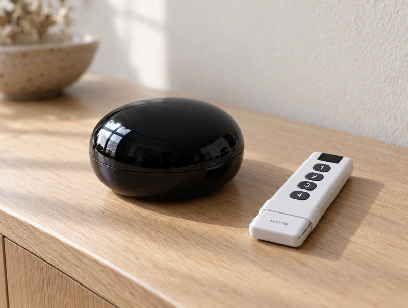 Hub infrarrojo y control remoto MATIQ sobre una consola de roble