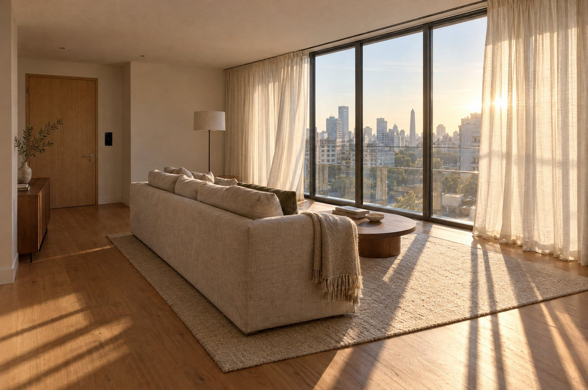 Living con cortinas abriendose solas y sol de la manana entrando